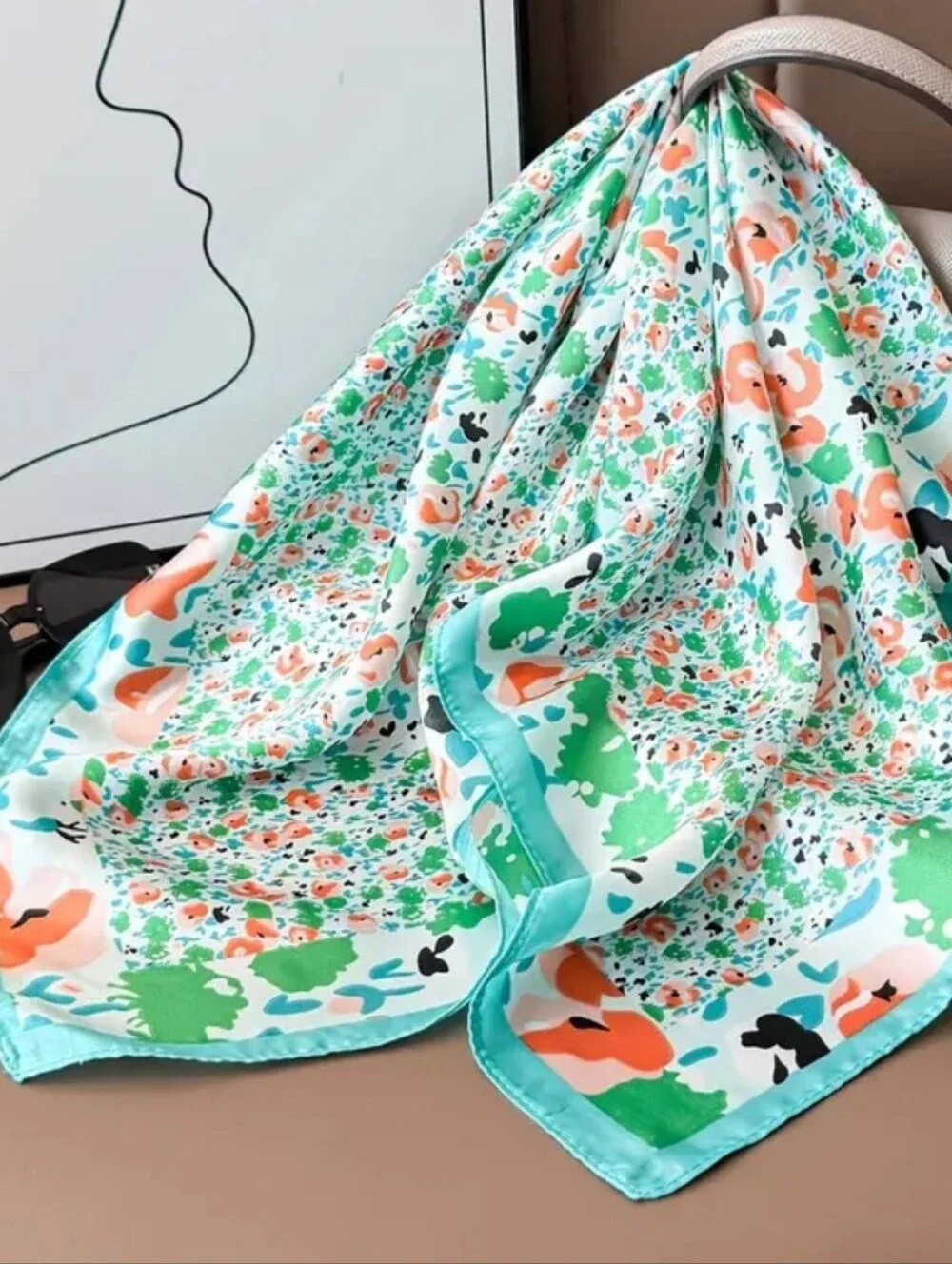 Silk-Feel Floral Neck Scarf in Aqua and Peach Head Scarf , Neck Scarf